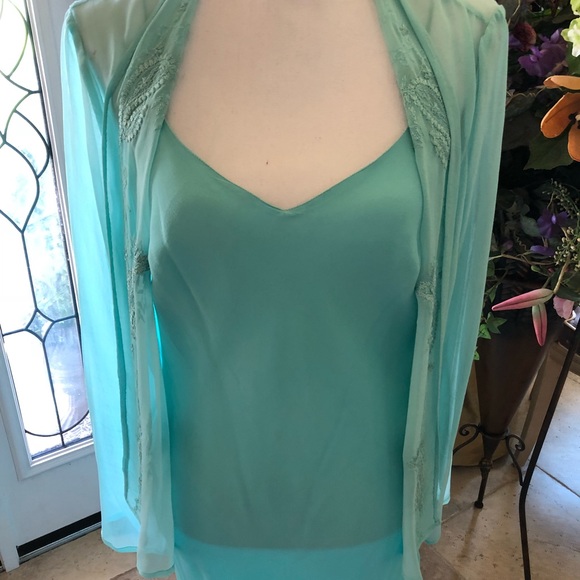 Silk Slip Dress in Tiffany Blue with Sheer Jacket Beaded Size 8 by Scala - Picture 4 of 16